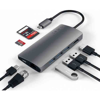 Адаптер Multi-Port Adapter. USB Type-C, 3хUSB 3.0, 4K HDMI, Ethernet RJ-45, SD / micro-SD картридер. Satechi Aluminum  211550 |
